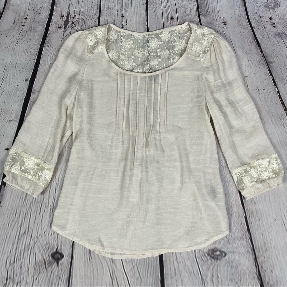 EM women's lightweight beige peasant style boho 3/4 sleeve top lace, size M - Picture 11 of 16